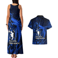 French Polynesia Bora Bora Couples Matching Tank Maxi Dress and Hawaiian Shirt Polynesian Shark Tattoo With Hibiscus Blue Version LT14 - Polynesian Pride