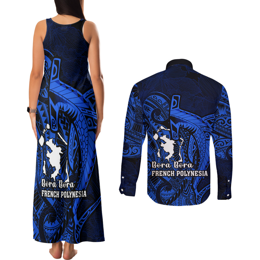 French Polynesia Bora Bora Couples Matching Tank Maxi Dress and Long Sleeve Button Shirts Polynesian Shark Tattoo With Hibiscus Blue Version LT14 - Polynesian Pride