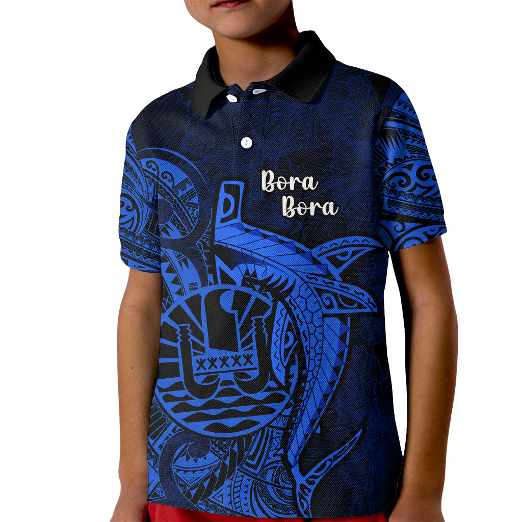 French Polynesia Bora Bora Kid Polo Shirt Polynesian Shark Tattoo With Hibiscus Blue Version LT14 Kid Blue - Polynesian Pride