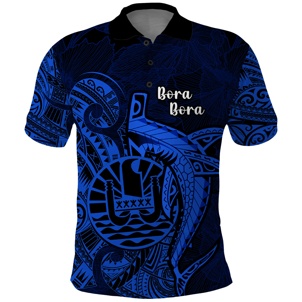 French Polynesia Bora Bora Polo Shirt Polynesian Shark Tattoo With Hibiscus Blue Version LT14 Blue - Polynesian Pride