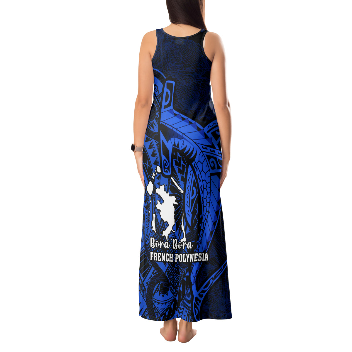 French Polynesia Bora Bora Tank Maxi Dress Polynesian Shark Tattoo With Hibiscus Blue Version LT14 - Polynesian Pride