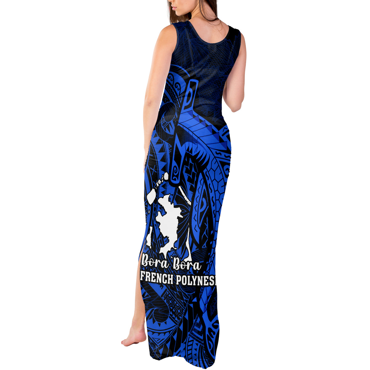 French Polynesia Bora Bora Tank Maxi Dress Polynesian Shark Tattoo With Hibiscus Blue Version LT14 - Polynesian Pride
