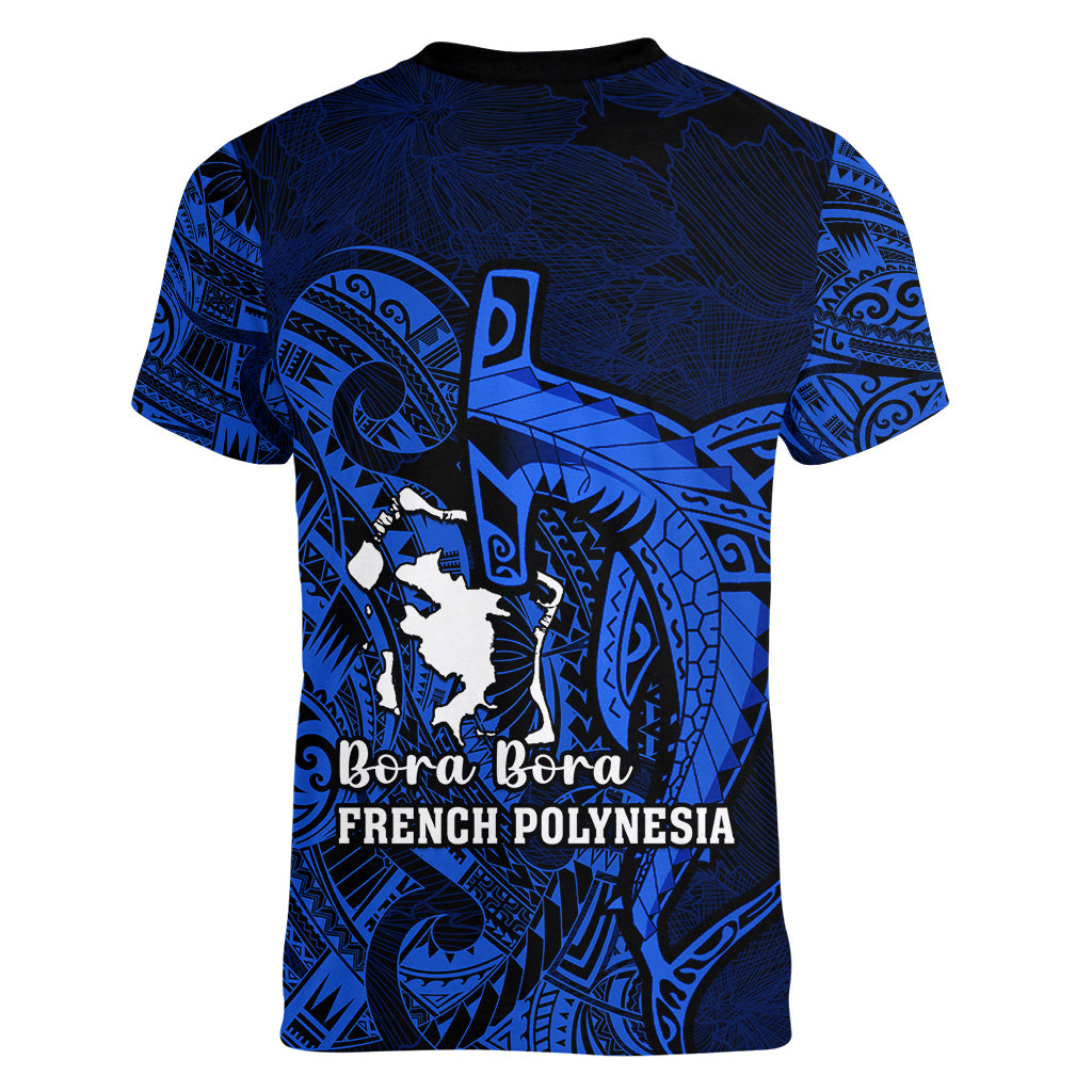 French Polynesia Bora Bora Women V Neck T Shirt Polynesian Shark Tattoo With Hibiscus Blue Version LT14 - Polynesian Pride