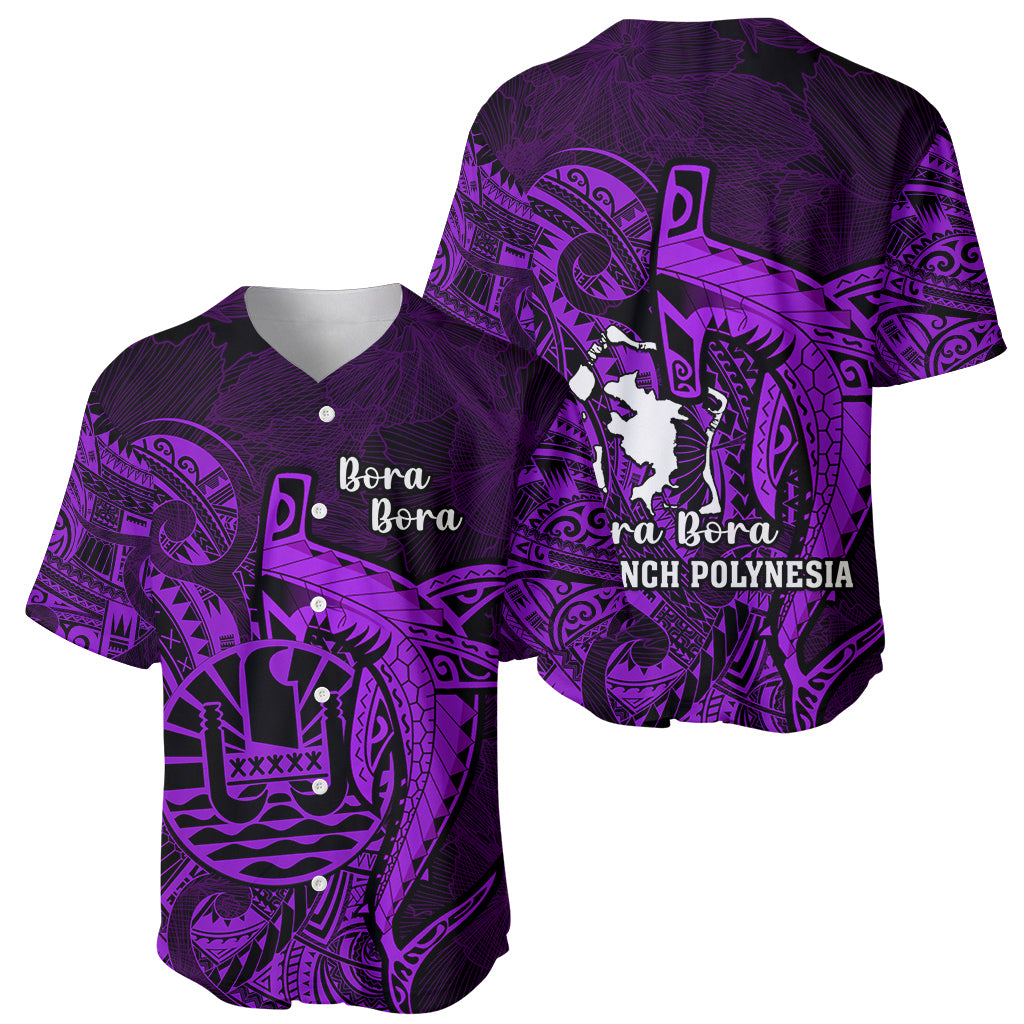 French Polynesia Bora Bora Baseball Jersey Polynesian Shark Tattoo With Hibiscus Purple Version LT14 - Polynesian Pride