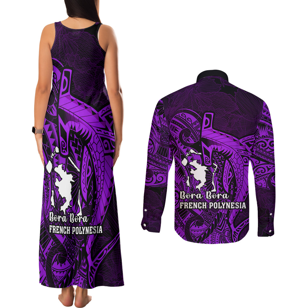 French Polynesia Bora Bora Couples Matching Tank Maxi Dress and Long Sleeve Button Shirts Polynesian Shark Tattoo With Hibiscus Purple Version LT14 - Polynesian Pride