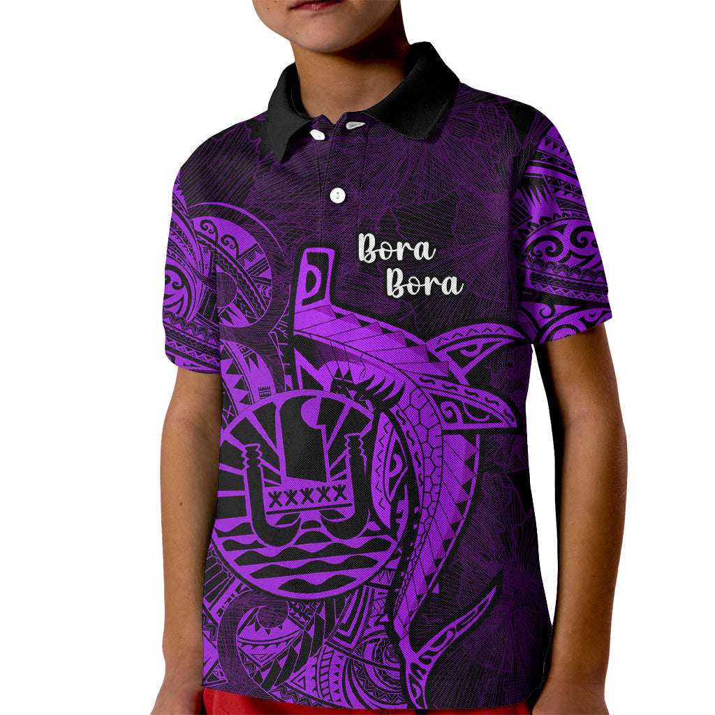 French Polynesia Bora Bora Kid Polo Shirt Polynesian Shark Tattoo With Hibiscus Purple Version LT14 Kid Purple - Polynesian Pride