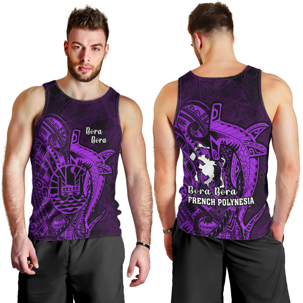 French Polynesia Bora Bora Men Tank Top Polynesian Shark Tattoo With Hibiscus Purple Version LT14 - Polynesian Pride