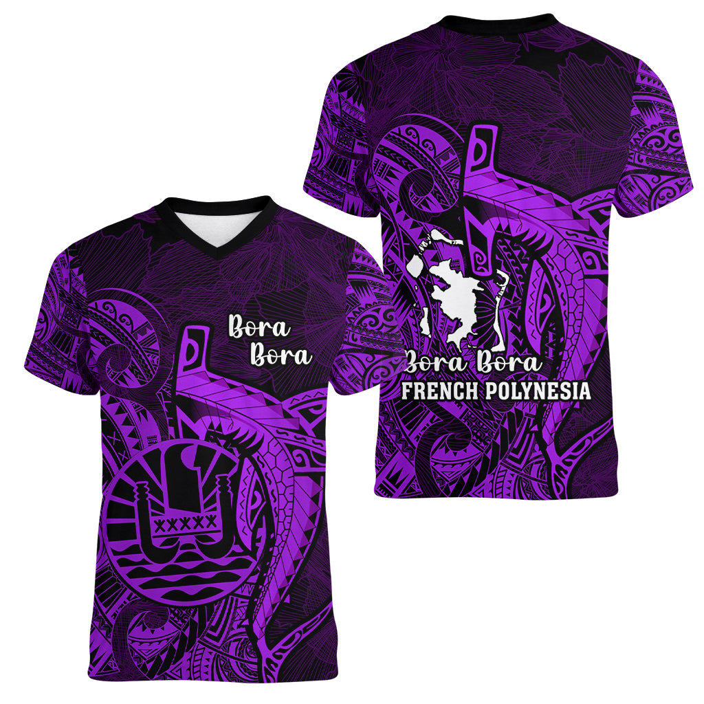 French Polynesia Bora Bora Women V Neck T Shirt Polynesian Shark Tattoo With Hibiscus Purple Version LT14 - Polynesian Pride