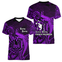 French Polynesia Bora Bora Women V Neck T Shirt Polynesian Shark Tattoo With Hibiscus Purple Version LT14 - Polynesian Pride