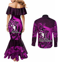 French Polynesia Bora Bora Couples Matching Mermaid Dress and Long Sleeve Button Shirts Polynesian Shark Tattoo With Hibiscus Pink Version LT14 - Polynesian Pride