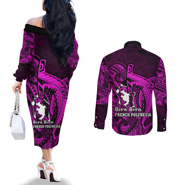 French Polynesia Bora Bora Couples Matching Tank Maxi Dress and Long Sleeve Button Shirts Polynesian Shark Tattoo With Hibiscus Red Version LT14 main image 0