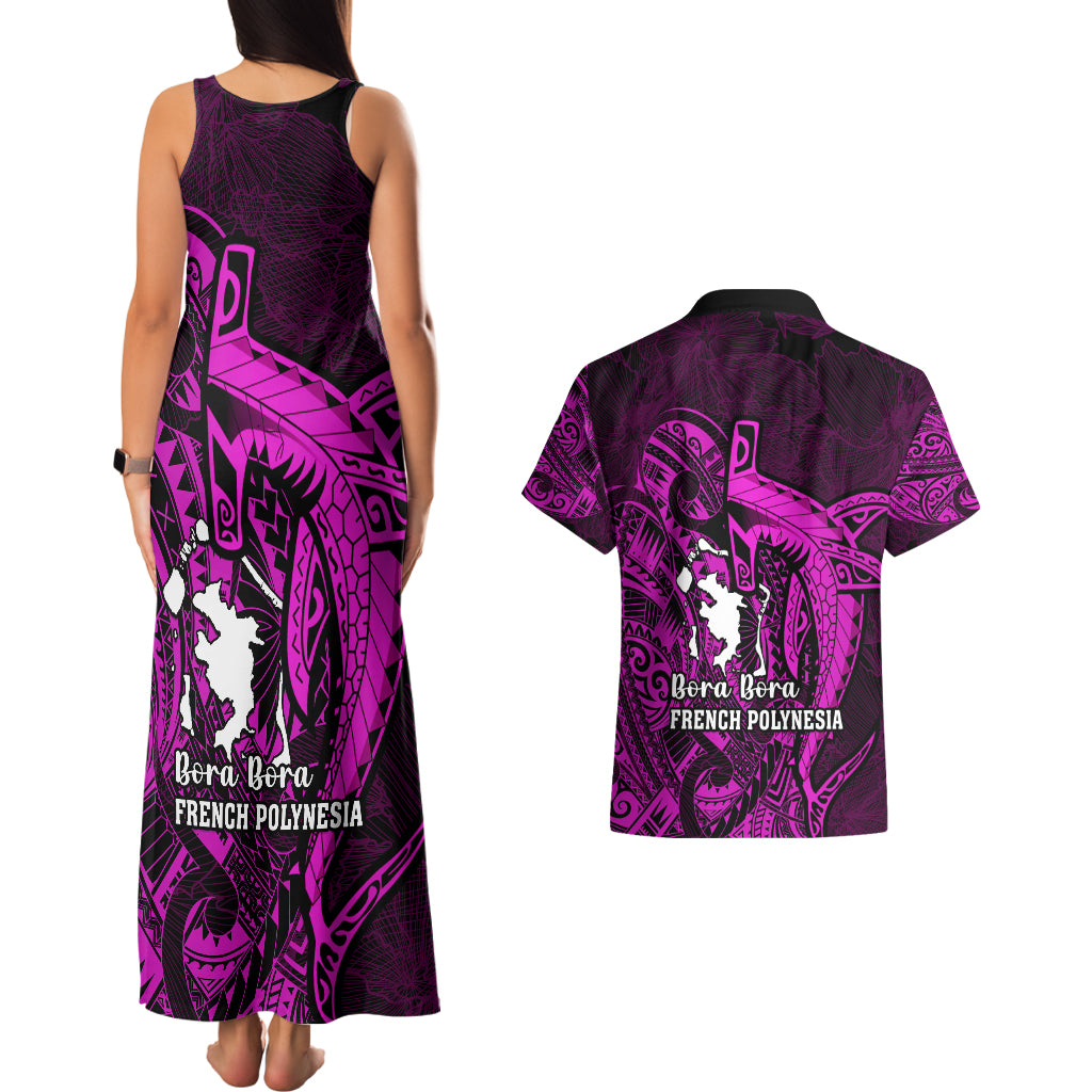 French Polynesia Bora Bora Couples Matching Tank Maxi Dress and Hawaiian Shirt Polynesian Shark Tattoo With Hibiscus Pink Version LT14 - Polynesian Pride