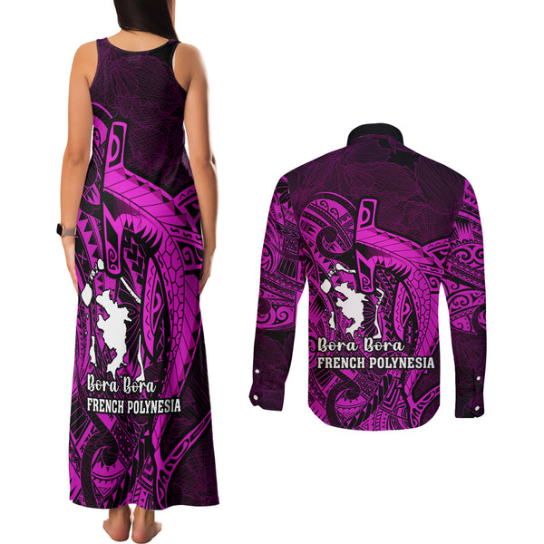 French Polynesia Bora Bora Couples Matching Off Shoulder Maxi Dress and Long Sleeve Button Shirts Polynesian Shark Tattoo With Hibiscus Purple Version LT14 main image 1