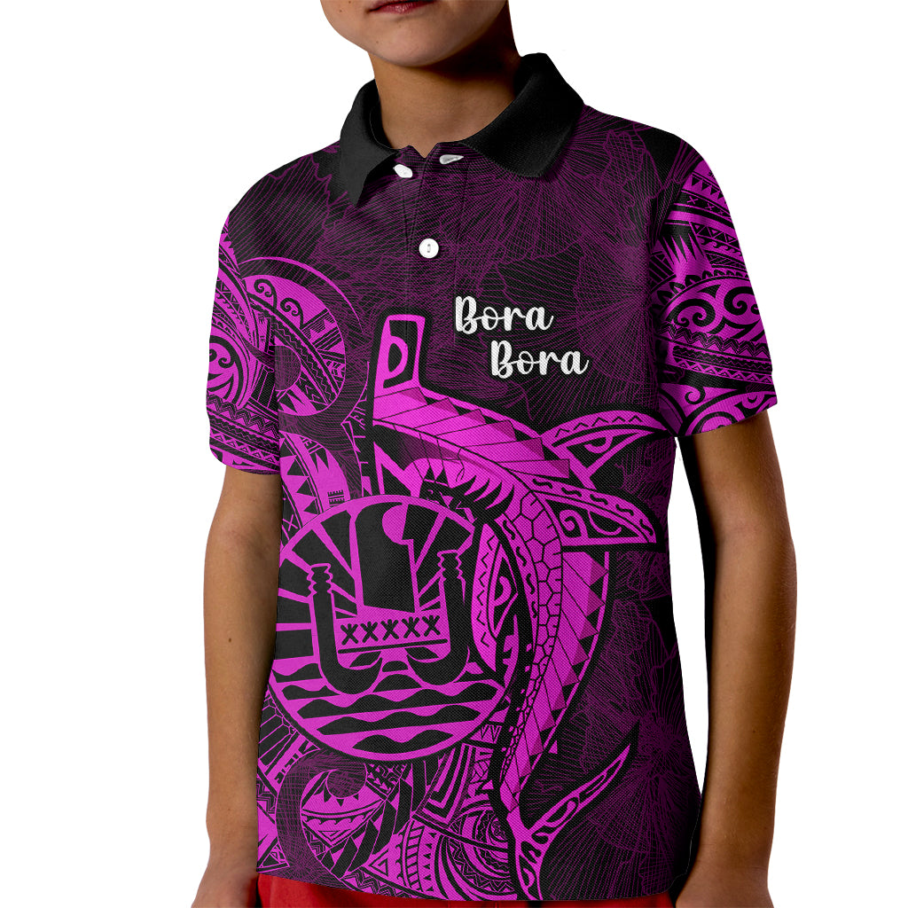 French Polynesia Bora Bora Kid Polo Shirt Polynesian Shark Tattoo With Hibiscus Pink Version LT14 Kid Pink - Polynesian Pride