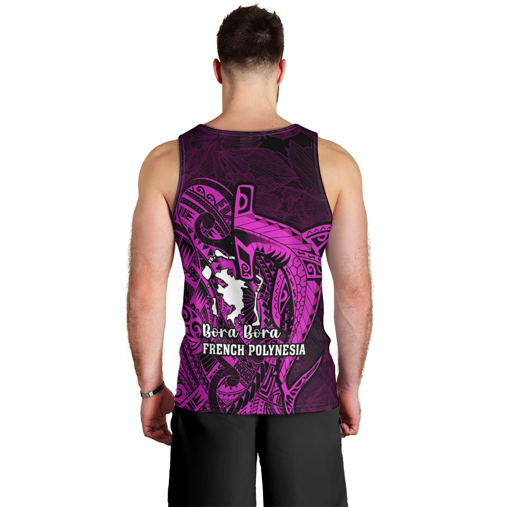 French Polynesia Bora Bora Men Tank Top Polynesian Shark Tattoo With Hibiscus Pink Version LT14 - Polynesian Pride