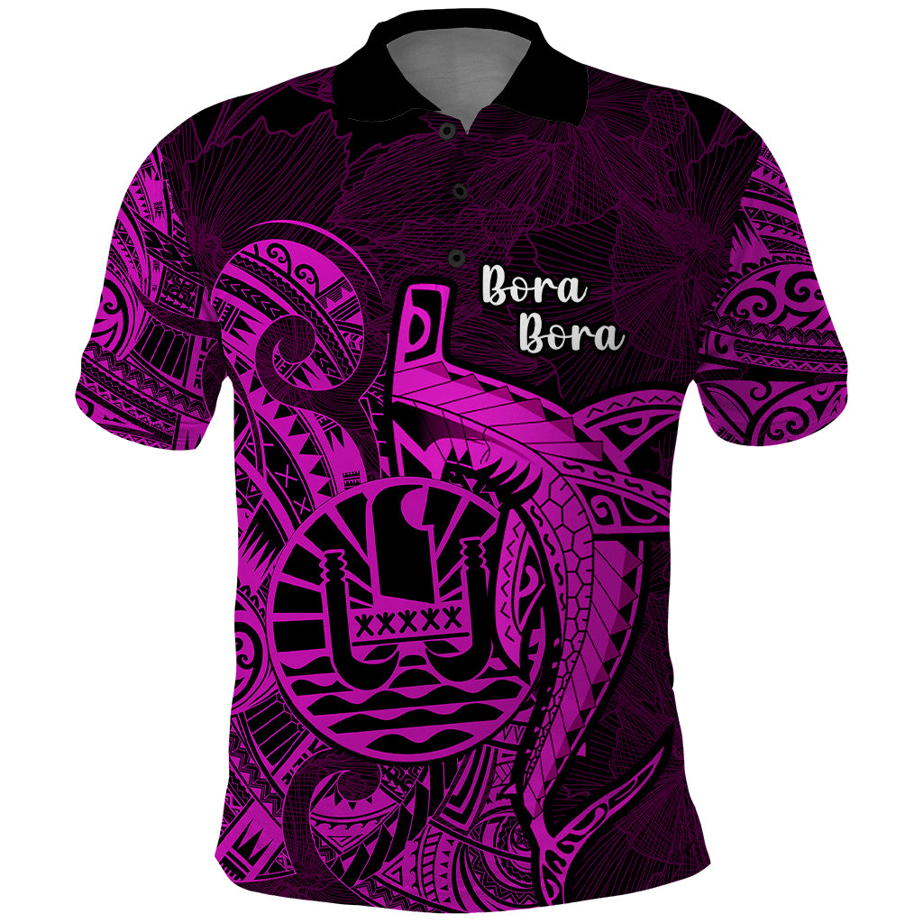 French Polynesia Bora Bora Polo Shirt Polynesian Shark Tattoo With Hibiscus Pink Version LT14 Pink - Polynesian Pride