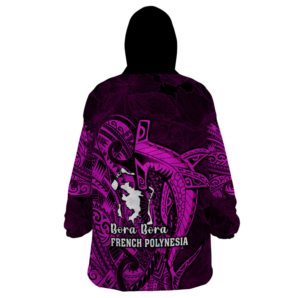 French Polynesia Bora Bora Wearable Blanket Hoodie Polynesian Shark Tattoo With Hibiscus Pink Version LT14 - Polynesian Pride