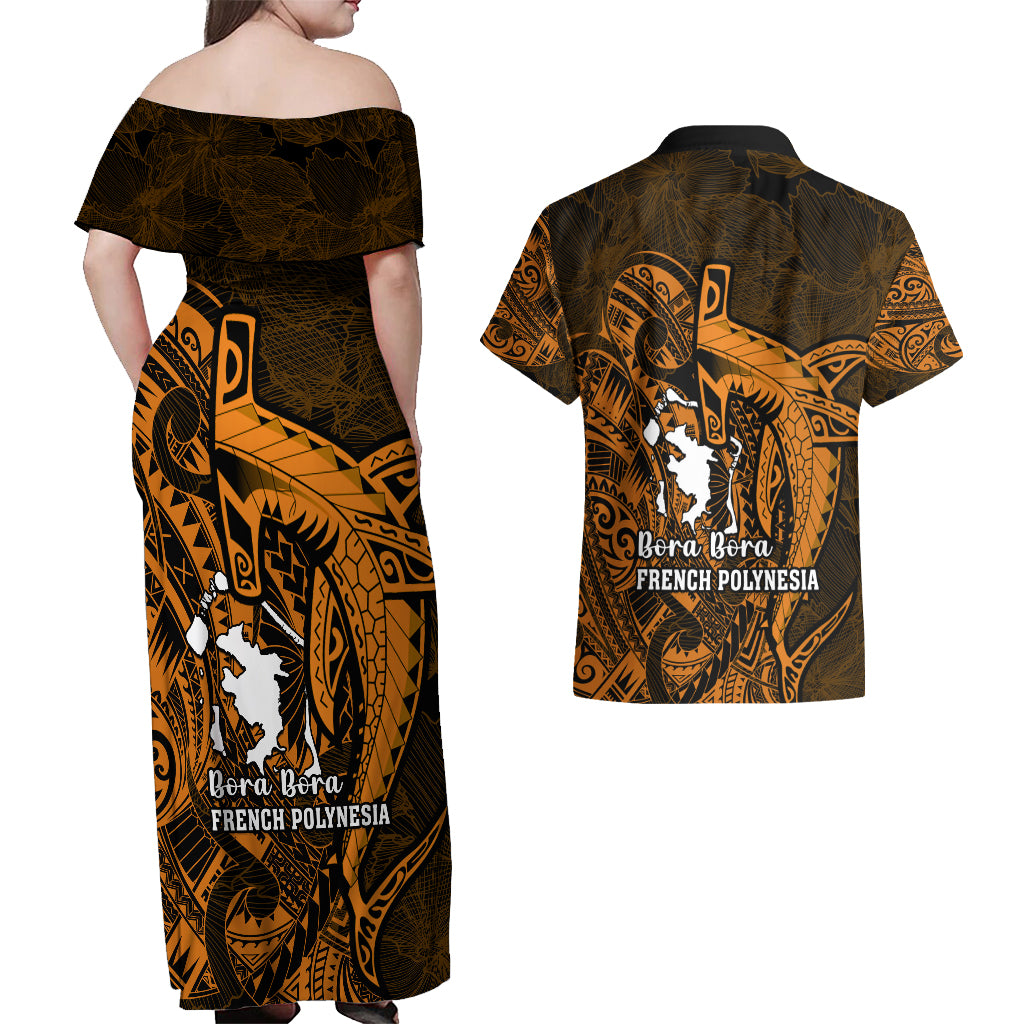 French Polynesia Bora Bora Couples Matching Off Shoulder Maxi Dress and Hawaiian Shirt Polynesian Shark Tattoo With Hibiscus Red Version LT14 - Polynesian Pride