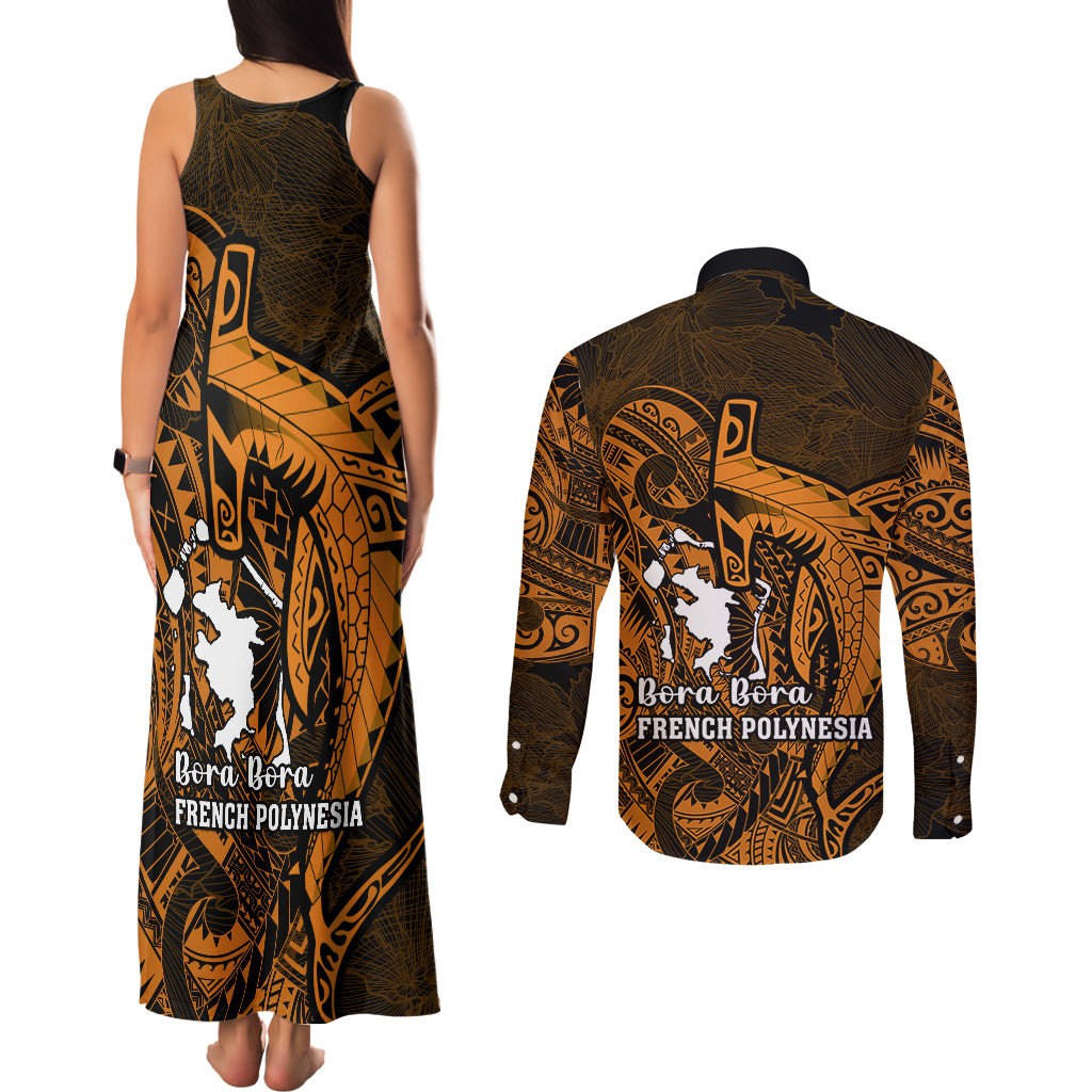 French Polynesia Bora Bora Couples Matching Tank Maxi Dress and Long Sleeve Button Shirts Polynesian Shark Tattoo With Hibiscus Red Version LT14 - Polynesian Pride