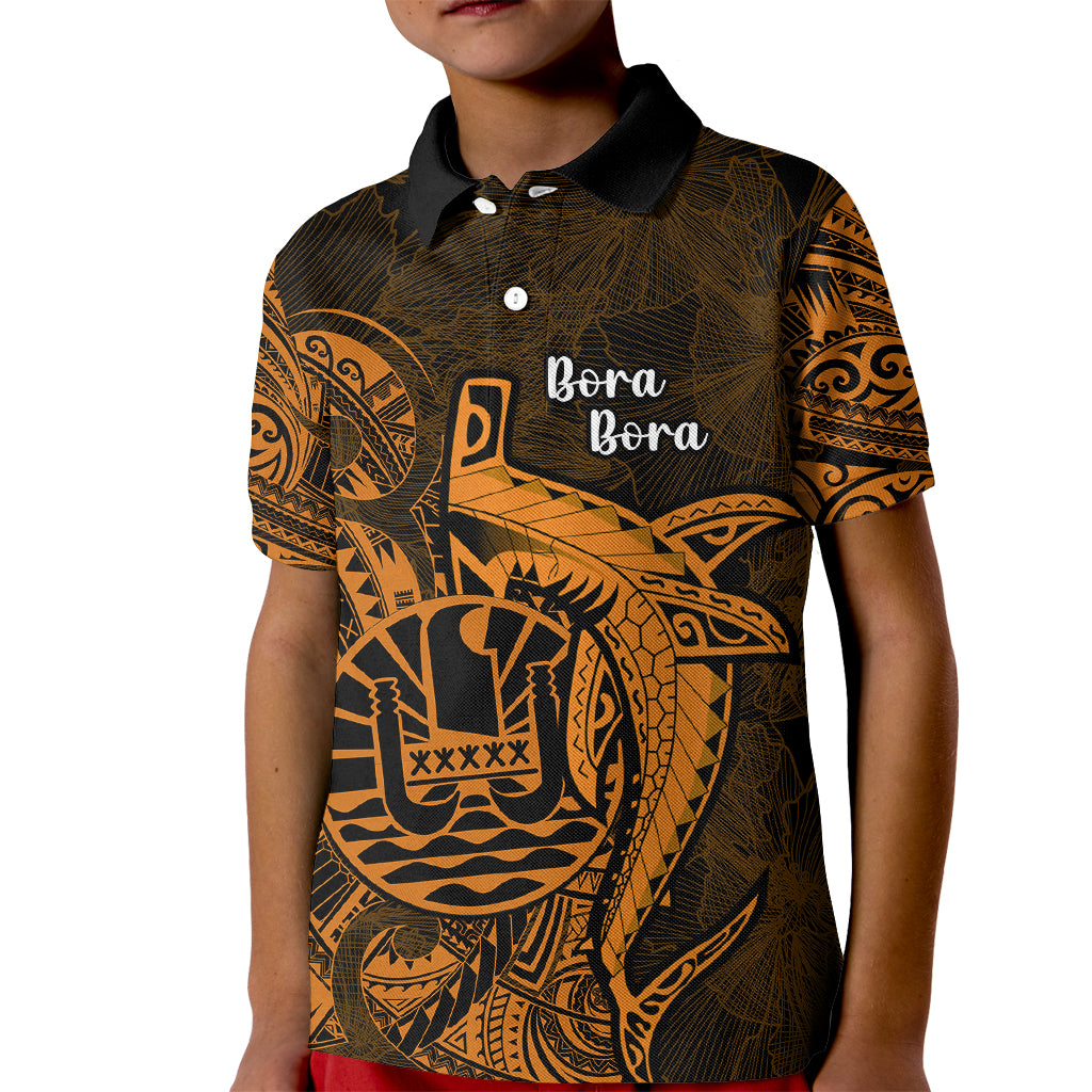 French Polynesia Bora Bora Kid Polo Shirt Polynesian Shark Tattoo With Hibiscus Red Version LT14 Kid Gold - Polynesian Pride