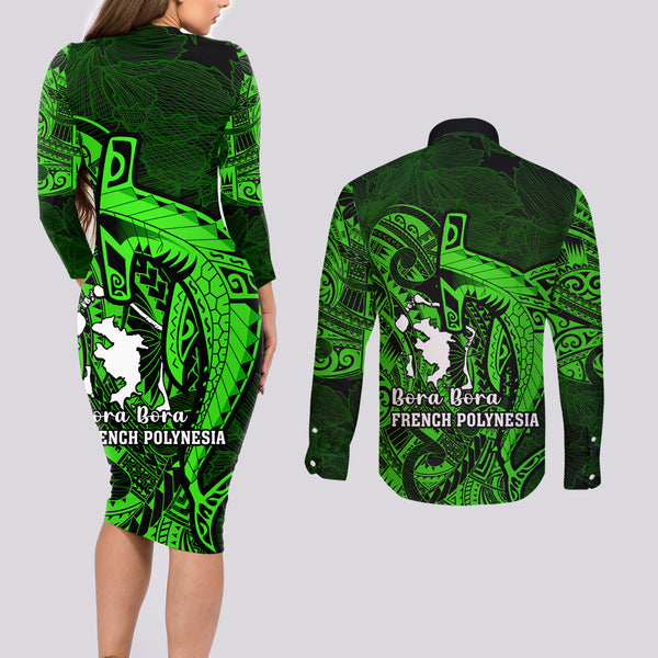 French Polynesia Bora Bora Couples Matching Tank Maxi Dress and Long Sleeve Button Shirts Polynesian Shark Tattoo With Hibiscus Red Version LT14 main image 1