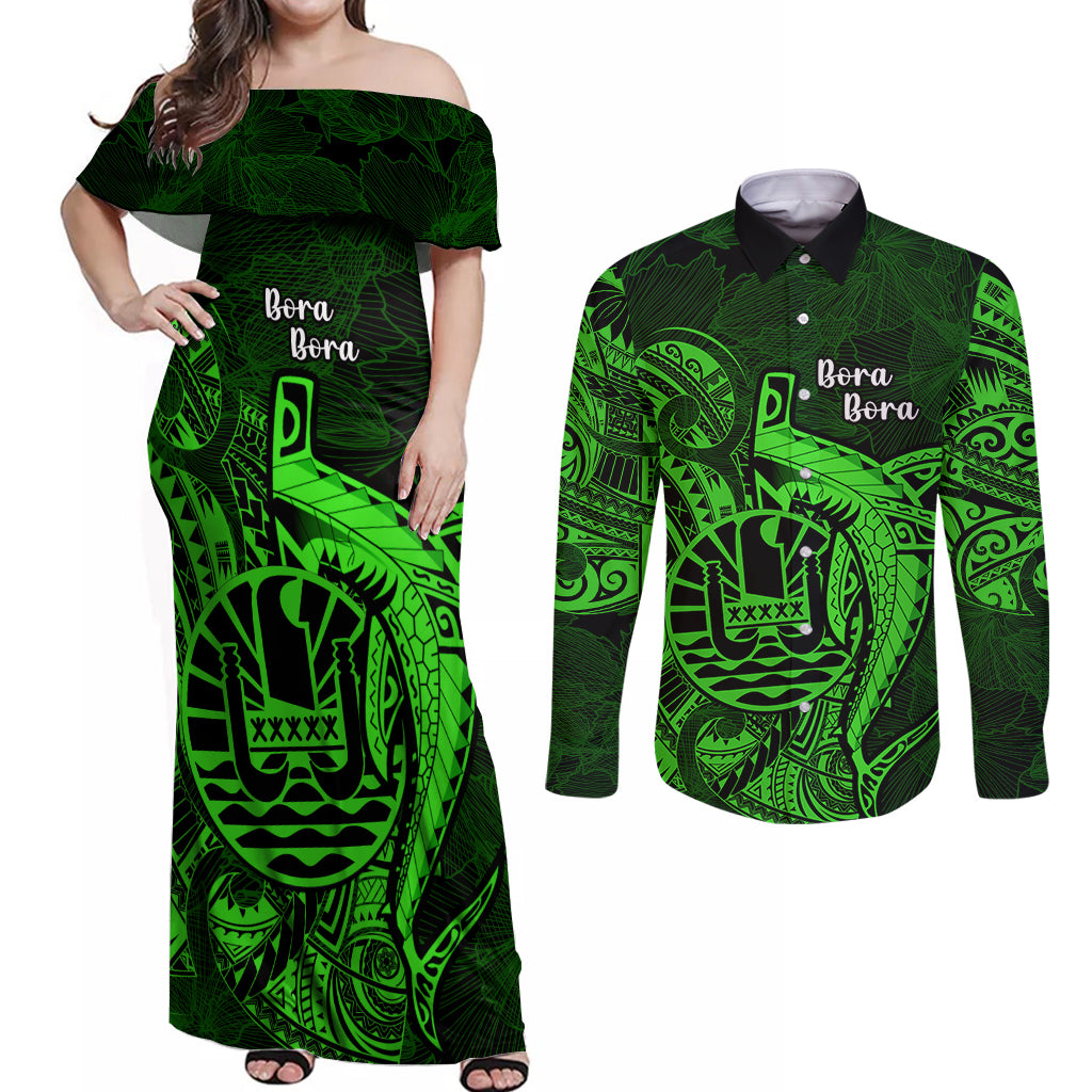 French Polynesia Bora Bora Couples Matching Off Shoulder Maxi Dress and Long Sleeve Button Shirts Polynesian Shark Tattoo With Hibiscus Green Version LT14 Green - Polynesian Pride