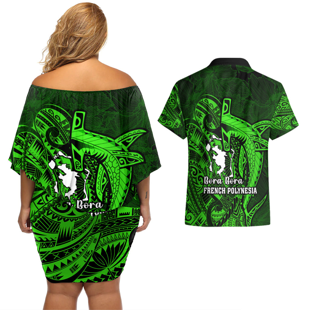 French Polynesia Bora Bora Couples Matching Off Shoulder Short Dress and Hawaiian Shirt Polynesian Shark Tattoo With Hibiscus Green Version LT14 - Polynesian Pride