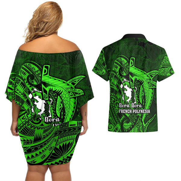 French Polynesia Bora Bora Couples Matching Mermaid Dress and Hawaiian Shirt Polynesian Shark Tattoo With Hibiscus Green Version LT14