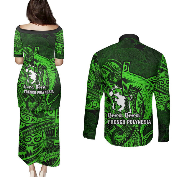 French Polynesia Bora Bora Couples Matching Off Shoulder Maxi Dress and Long Sleeve Button Shirts Polynesian Shark Tattoo With Hibiscus Purple Version LT14