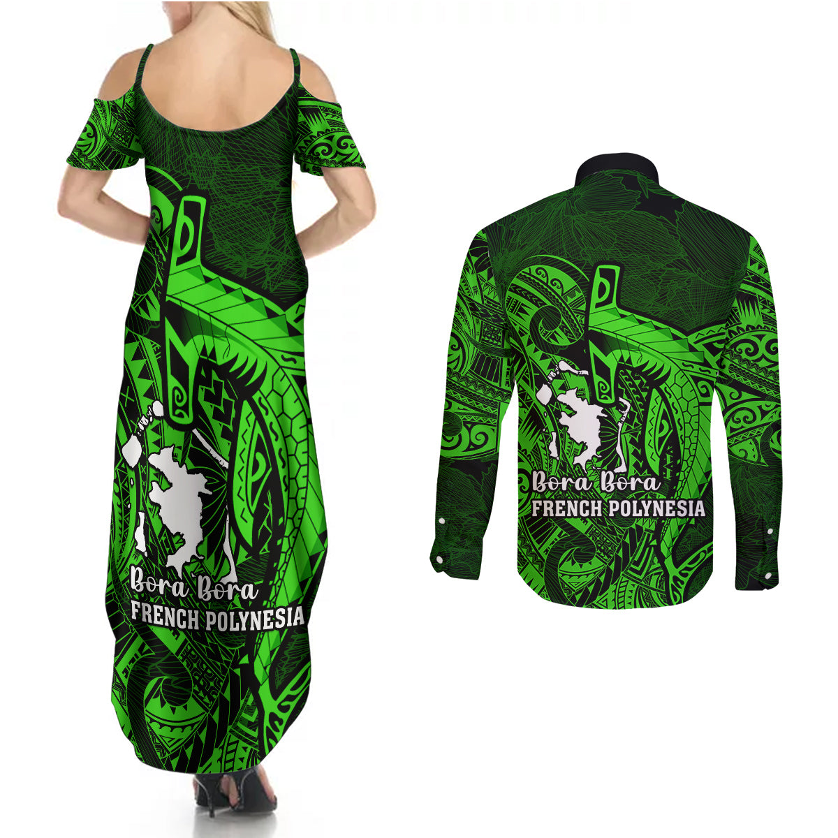 French Polynesia Bora Bora Couples Matching Summer Maxi Dress and Long Sleeve Button Shirts Polynesian Shark Tattoo With Hibiscus Green Version LT14 - Polynesian Pride