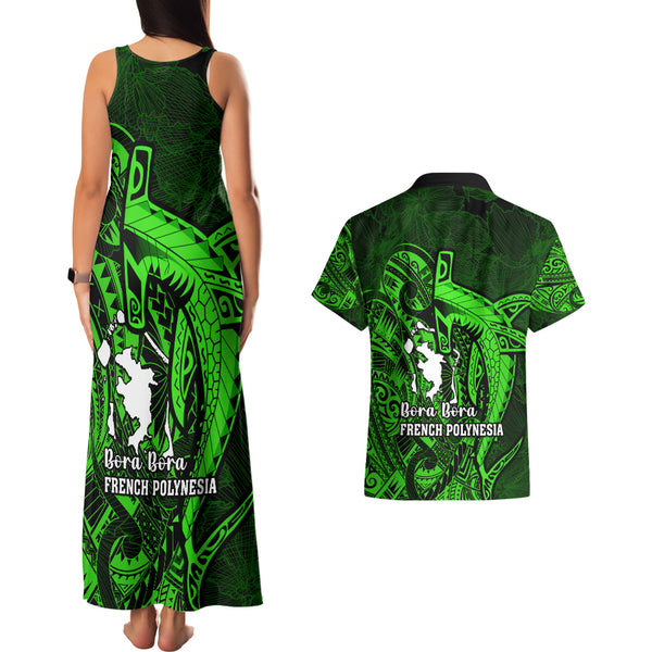 French Polynesia Bora Bora Couples Matching Mermaid Dress and Hawaiian Shirt Polynesian Shark Tattoo With Hibiscus Green Version LT14 main image 1