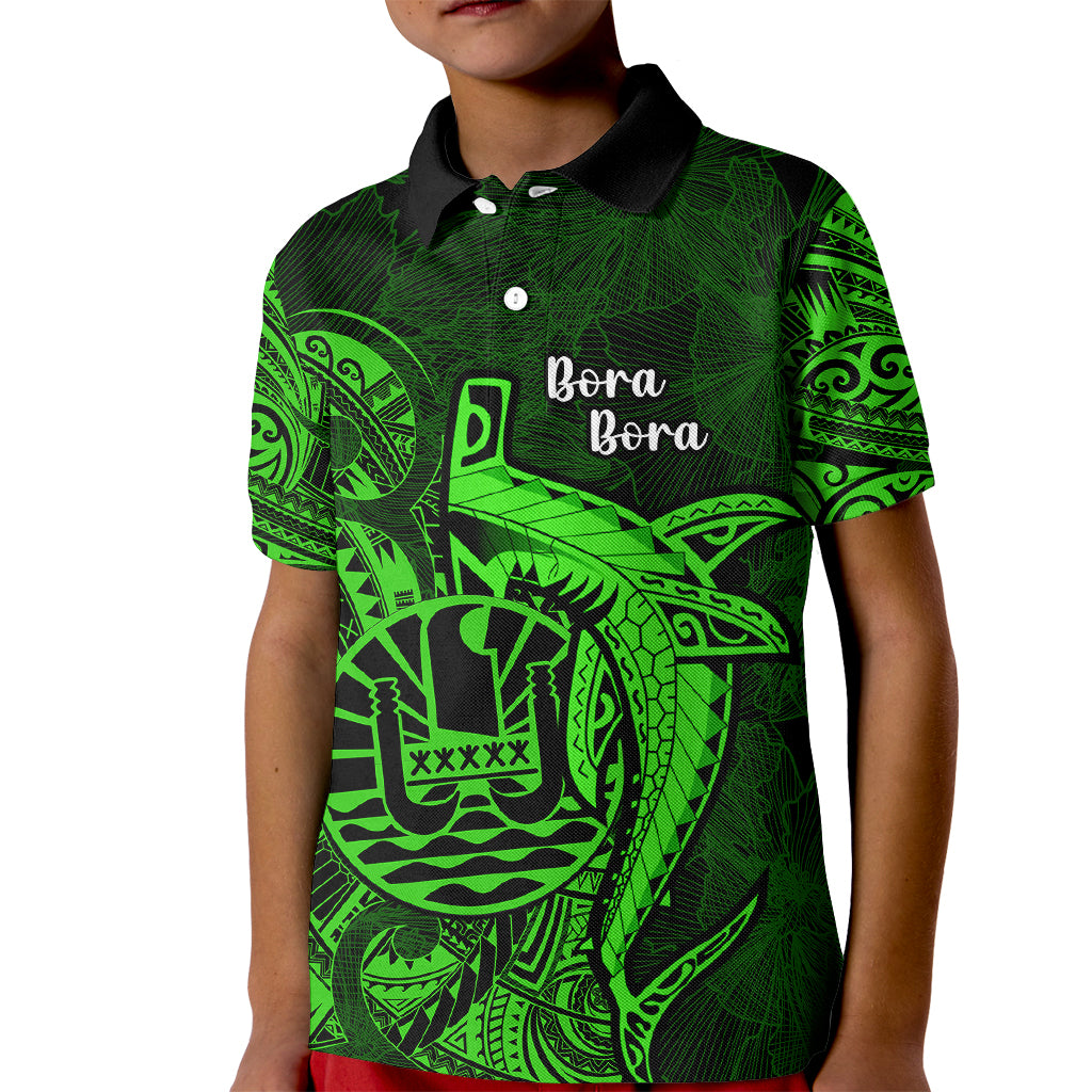 French Polynesia Bora Bora Kid Polo Shirt Polynesian Shark Tattoo With Hibiscus Green Version LT14 Kid Green - Polynesian Pride