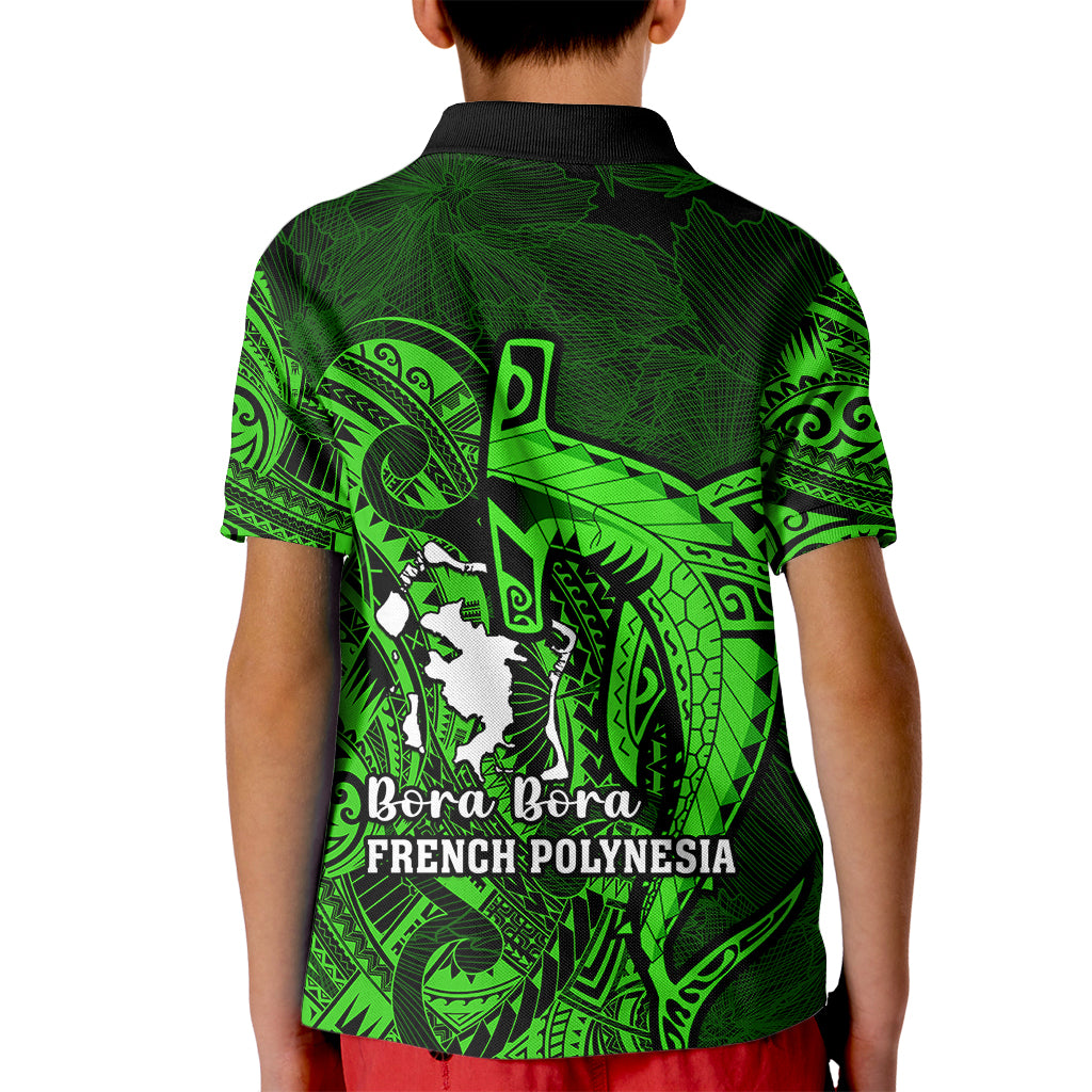 French Polynesia Bora Bora Kid Polo Shirt Polynesian Shark Tattoo With Hibiscus Green Version LT14 - Polynesian Pride