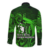 French Polynesia Bora Bora Long Sleeve Button Shirt Polynesian Shark Tattoo With Hibiscus Green Version LT14 - Polynesian Pride
