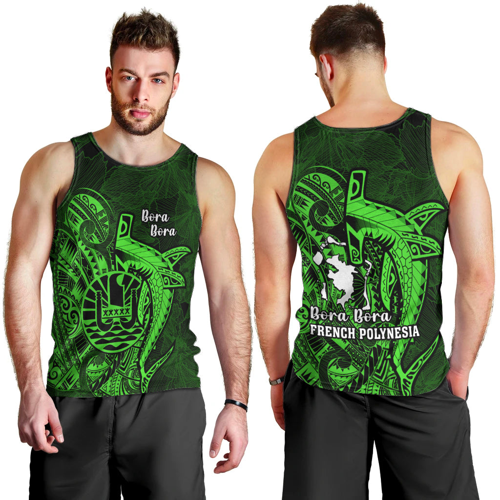 French Polynesia Bora Bora Men Tank Top Polynesian Shark Tattoo With Hibiscus Green Version LT14 - Polynesian Pride