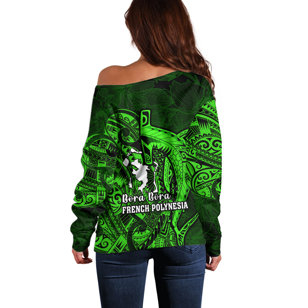 French Polynesia Bora Bora Off Shoulder Sweater Polynesian Shark Tattoo With Hibiscus Green Version LT14 - Polynesian Pride