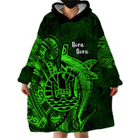 French Polynesia Bora Bora Wearable Blanket Hoodie Polynesian Shark Tattoo With Hibiscus Green Version LT14 - Polynesian Pride