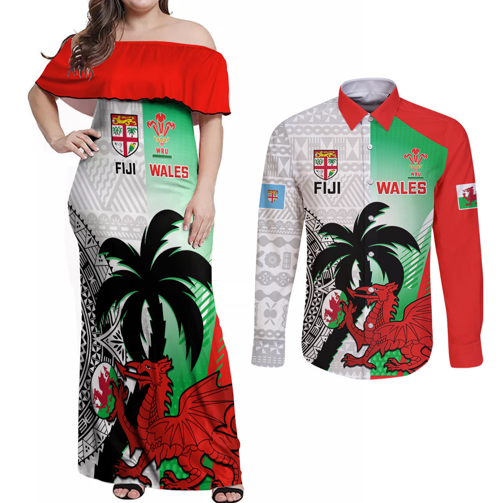 Custom Fiji And Wales Rugby Couples Matching Off Shoulder Maxi Dress and Long Sleeve Button Shirts 2023 World Cup Cymru Fijian Together LT14 Red - Polynesian Pride