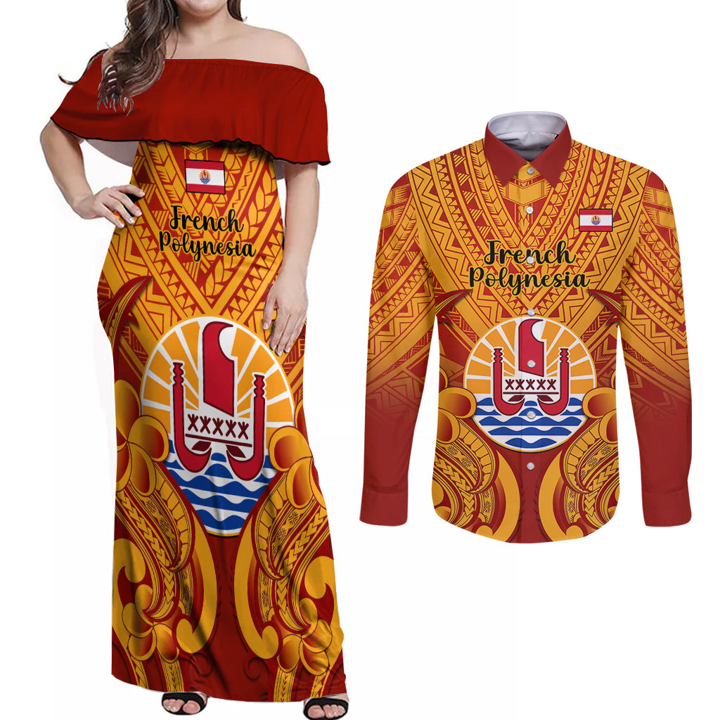 Personalised French Polynesia Couples Matching Off Shoulder Maxi Dress and Long Sleeve Button Shirts Coat Of Arms With Polynesian Plumeria LT14 Red - Polynesian Pride