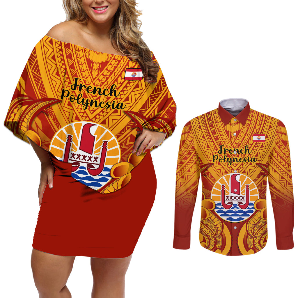 Personalised French Polynesia Couples Matching Off Shoulder Short Dress and Long Sleeve Button Shirts Coat Of Arms With Polynesian Plumeria LT14 Red - Polynesian Pride