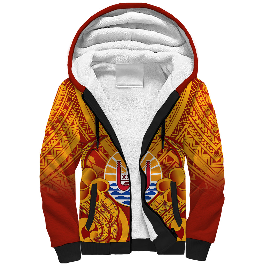 Personalised French Polynesia Sherpa Hoodie Coat Of Arms With Polynesian Plumeria LT14 Unisex Red - Polynesian Pride