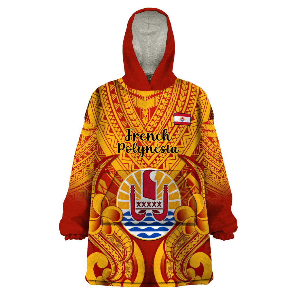 Personalised French Polynesia Wearable Blanket Hoodie Coat Of Arms With Polynesian Plumeria LT14 One Size Red - Polynesian Pride