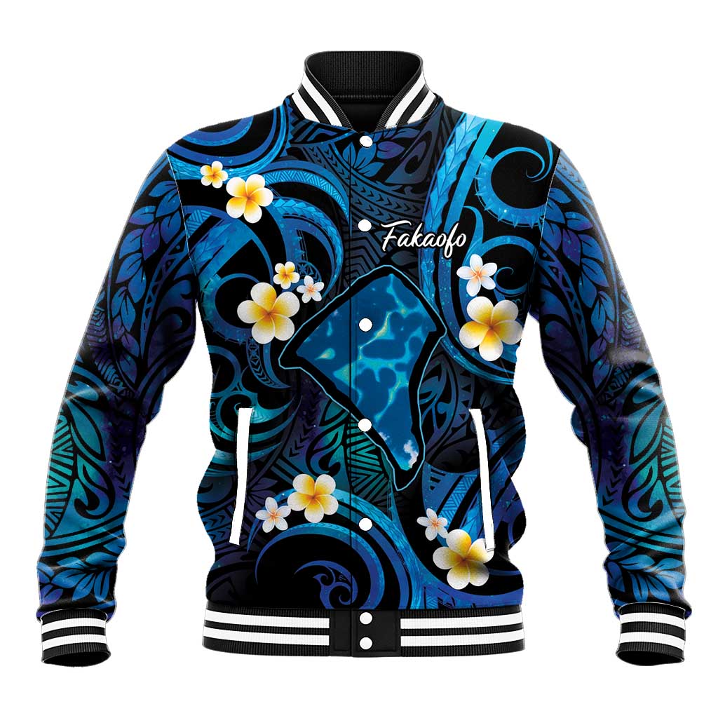Tokelau Fakaofo Atoll Baseball Jacket Polynesian Tattoo Plumeria With Map LT14 Unisex Blue - Polynesian Pride