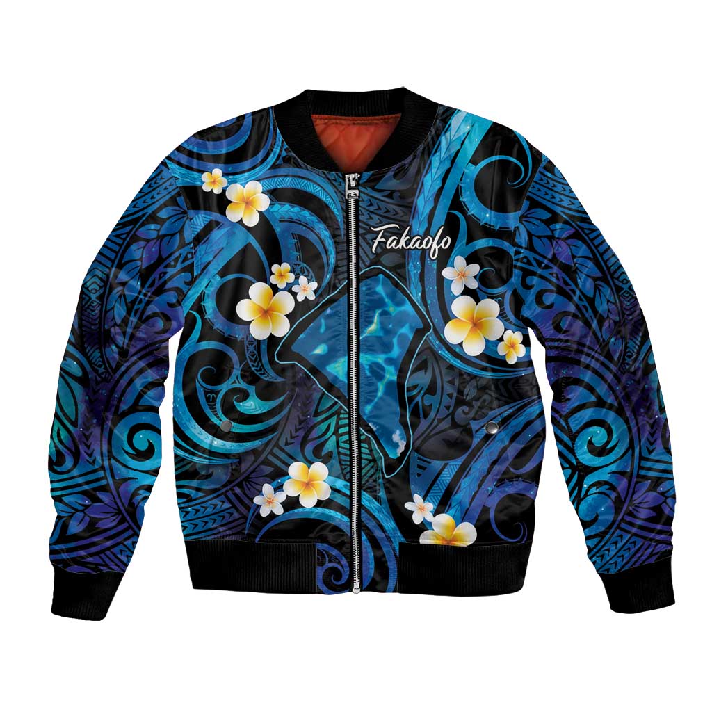 Tokelau Fakaofo Atoll Bomber Jacket Polynesian Tattoo Plumeria With Map LT14 Unisex Blue - Polynesian Pride