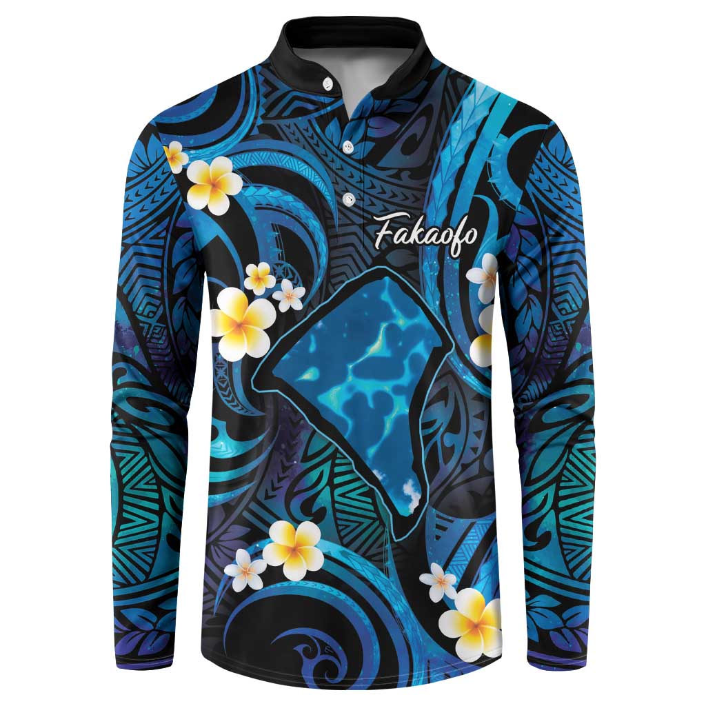 Tokelau Fakaofo Atoll Button Sweatshirt Polynesian Tattoo Plumeria With Map LT14 Blue - Polynesian Pride