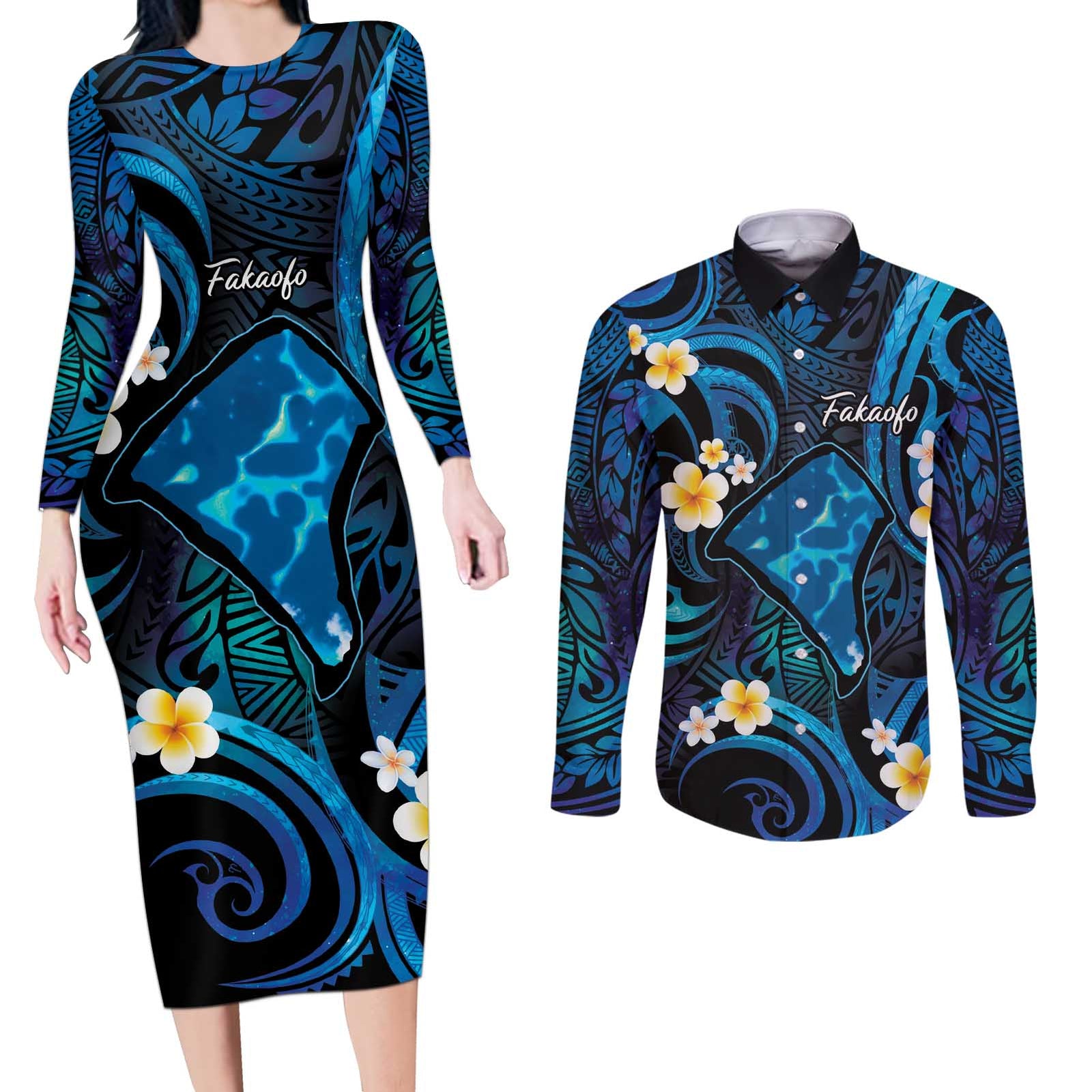 Tokelau Fakaofo Atoll Couples Matching Long Sleeve Bodycon Dress and Long Sleeve Button Shirt Polynesian Tattoo Plumeria With Map LT14 Blue - Polynesian Pride