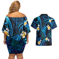 Tokelau Fakaofo Atoll Couples Matching Off Shoulder Short Dress and Hawaiian Shirt Polynesian Tattoo Plumeria With Map