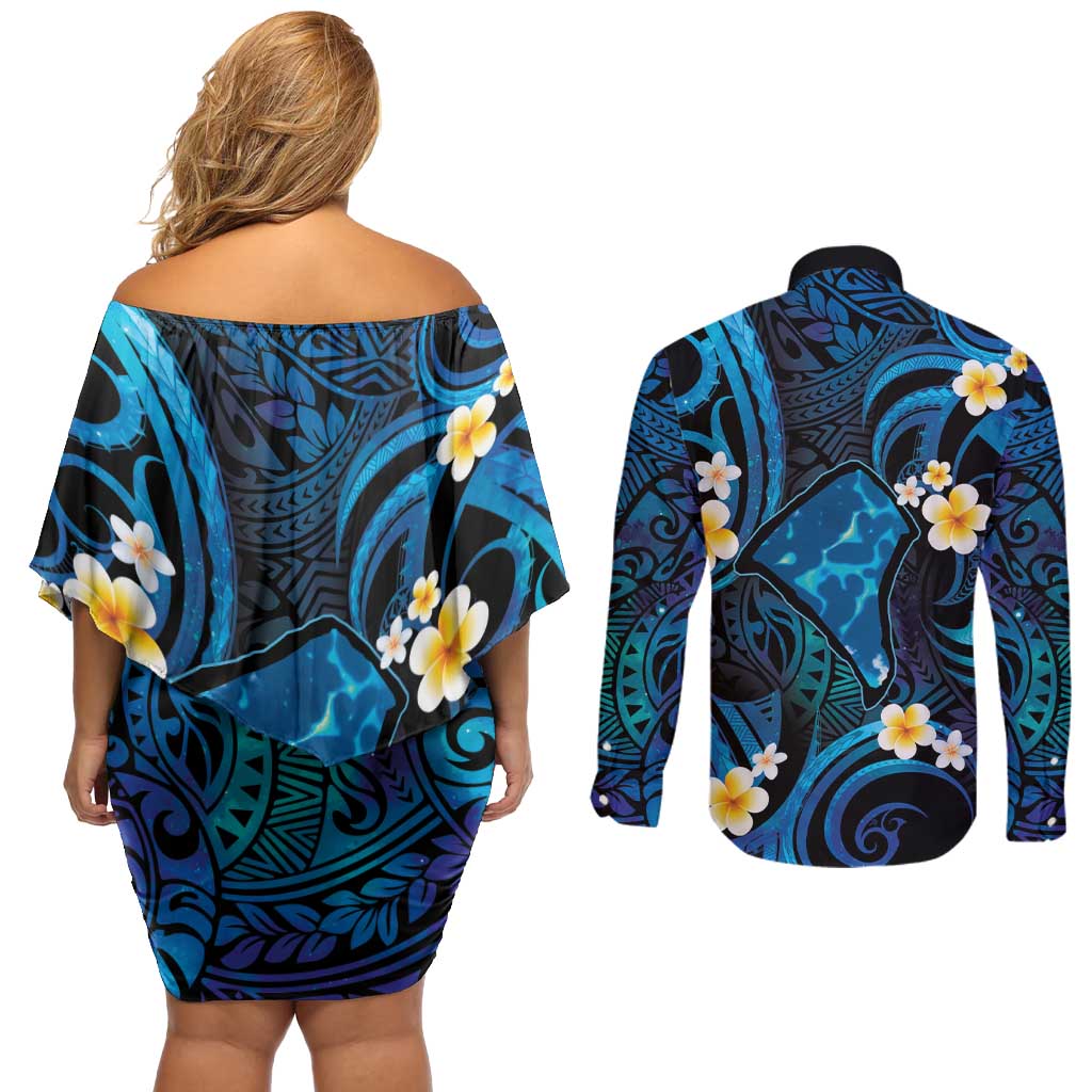 Tokelau Fakaofo Atoll Couples Matching Off Shoulder Short Dress and Long Sleeve Button Shirt Polynesian Tattoo Plumeria With Map