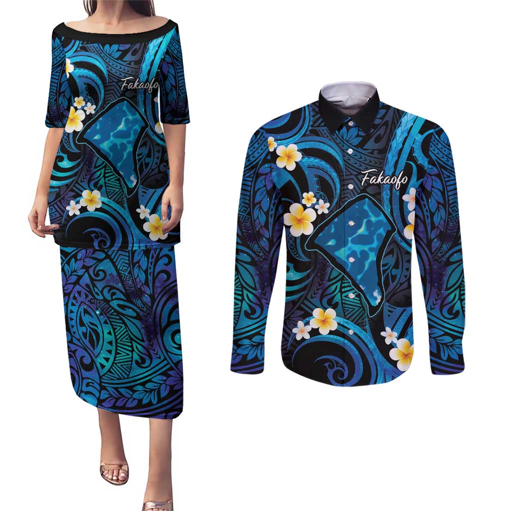 Tokelau Fakaofo Atoll Couples Matching Puletasi and Long Sleeve Button Shirt Polynesian Tattoo Plumeria With Map LT14 Blue - Polynesian Pride