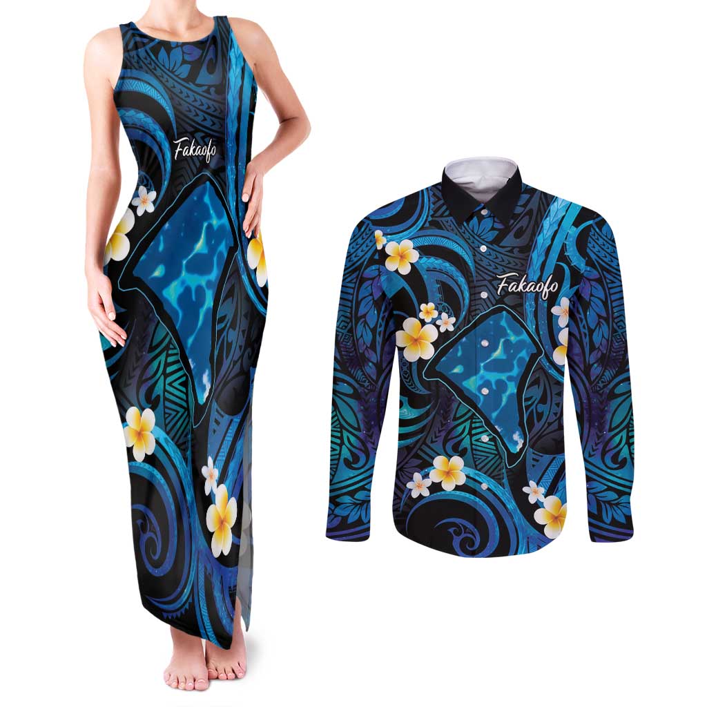 Tokelau Fakaofo Atoll Couples Matching Tank Maxi Dress and Long Sleeve Button Shirt Polynesian Tattoo Plumeria With Map LT14 Blue - Polynesian Pride